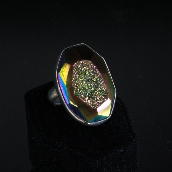 STERLING SILVER OBSIDIAN DRUZY LARGE OVAL SPLIT RING - Picture 5 of 7